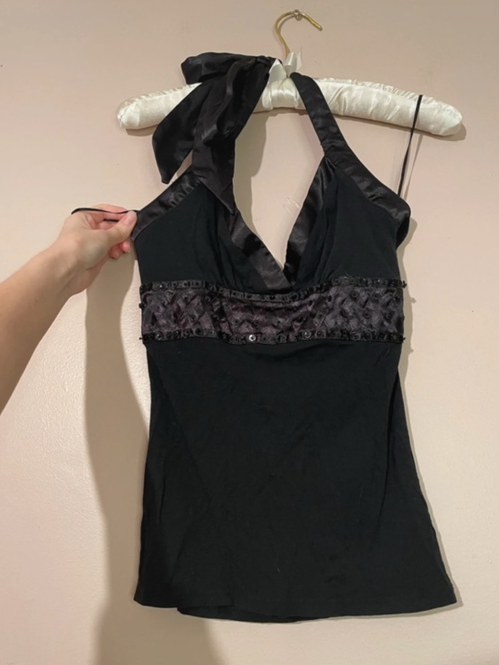Y2K Charlotte Russe halter babydoll tank sequins silky trim iconic going out top